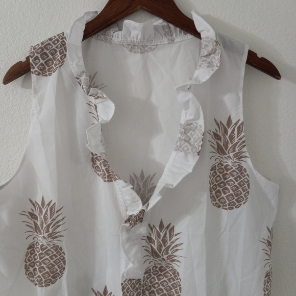 Beautiful L Summer Sleeveless Ruffle Trim Pineapple Print in Taupe on White - Picture 2 of 8